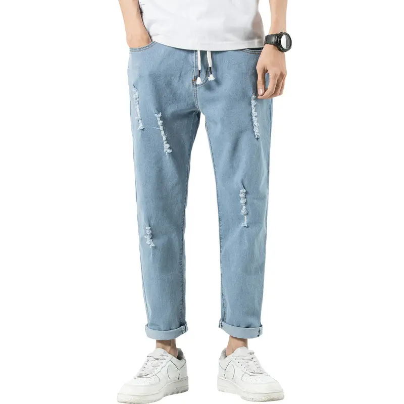 Summer Male Stretch Straight Jeans Pant Plain Fashion Ripped Jeans Jogger tapered