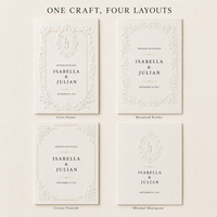 Suite d'invitations de mariage personnalisées avec monogramme en relief, design de cadre floral antique, invitation de mariage et carte RSVP assortie