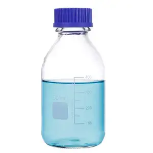 파란 나사 모자를 가진 실험실 유리 그릇 붕규산 유리병 시약 병