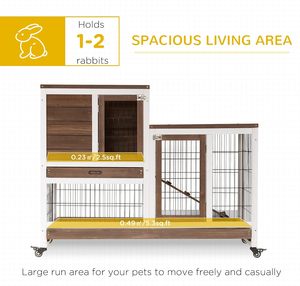 Cage à lapins <span class=keywords><strong>en</strong></span> bois surélevée, habitat pour petits animaux d'intérieur avec enclos, roues, rampe et plateau amovible - Product Image 3