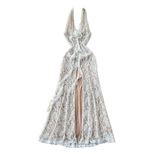 Elegante abito <span class=keywords><strong>Midi</strong></span> impero da donna con spacco alto e profondo a V in pizzo senza maniche senza maniche Design floreale per feste estive - Product Image 1