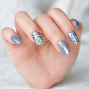 Faux ongles courts <span class=keywords><strong>bleu</strong></span> clair, design chic avec paillettes et yeux de chat, luxe, forme squoval, couverture complète, 15 tailles - 30 pièces - Product Image 5