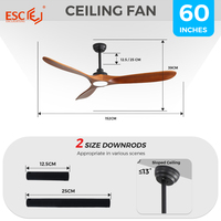 Ventilateur de plafond intelligent pour maison connectée avec télécommande, silencieux, en bois massif, 5 vitesses, 60 cm, ventilateurs de plafond modernes avec lumière LED