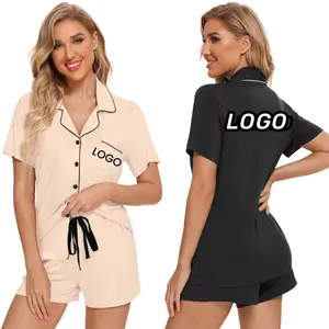 Kustom Logo kapas Modal Pjs Set pakaian tidur dengan celana pendek bambu kancing bawah Set piyama pengantin nyaman piyama