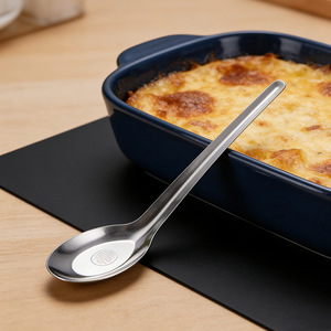 Stainless Steel Long Handle Spoon Solid Color Flat Bottom For Soup And Serving - Product Image 1