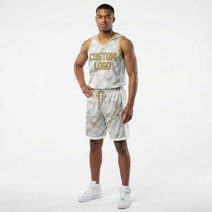 Conjunto de Camiseta de Baloncesto Sublimada Personalizada al Por Mayor a Bajo Precio para Hombre, Diseño de Mármol, Cuello en V, Sin Mangas, Pantalones Cortos Transpirables - Product Image 1