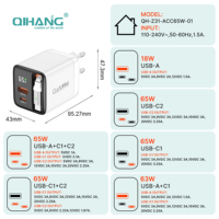 Ce Goedgekeurde Groothandelsprijs Aanpasbare 65W Draagbare Telefoonoplader Gan Chip Dual Poorten USB-A USB-C Qc Pps Pd Snel Opladen