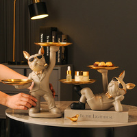 Statue de bouledogue assis pour la décoration intérieure, sculpture animale pour la maison avec 2 plateaux métalliques, figurines de bouledogue, ornement de table
