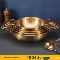 Yolecen 18-26cm Pot à ramen en acier inoxydable à double oreille à usage commercial soupe instantanée à fond plat en or de style coréen pour les fêtes