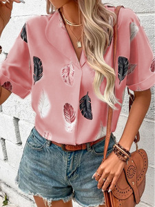 Vrouwen Zomer 6 Kleuren Trendy Modieuze Print Korte Mouw Casual Knoop Voorkant Shirt <span class=keywords><strong>Blouse</strong></span> - Product Image 4