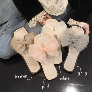 XIXITIAO Trendy fantezi bayanlar açık sandalet moda parlayan yay düğüm terlik düz prenses tarzı PVC kaymaz kız slaytlar RTS - Product Image 6