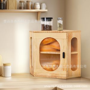 Boîte à pain en bois à double couche avec porte en acrylique, rangement de cuisine, couleur bois naturel, boîte à pain de comptoir - Product Image 1
