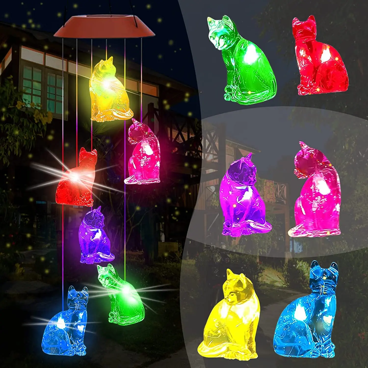 Solar Cat Wind Chimes Outdoor LED Light Color Changing Party Yard Garden Aniversário Decoração Presente para As Mulheres/Mãe/Avó/Filha