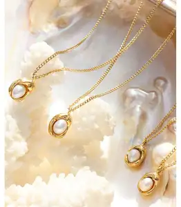 Pearl Delicate Jewelry Stainless Steel Gold Plated Irregular Oval Single Natural Real Fresh Water Pearl Necklace