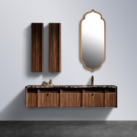 Meuble-lavabo mural gris anthracite à cannelures horizontales sans poignée avec vasque intégrée, miroir rond et éclairage LED