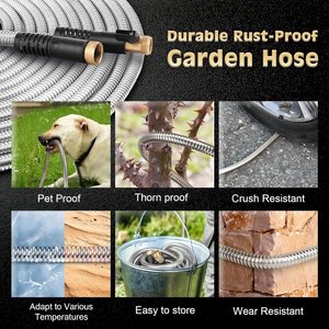 Tuyau d'arrosage de jardin flexible, durable, anti-abrasion, rétractable, réglable, en acier inoxydable argenté de 75 pieds, 3/4'' - Product Image 5
