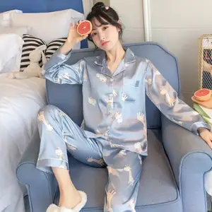 Vrouwen Satin Pyjama Zijde Lange Mouw Met Broek 2 Stuks Set Zoete Koreaanse Luxe Stijl Cartoons Huis Slijtage Vrouwen 'S Nachtkleding
