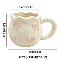 Mug à café en céramique rose avec nœud en relief 3D, peint à la main, design créatif et de haute qualité, cadeau mignon