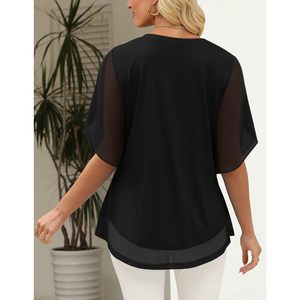 Womens Double Layered Tunic <b>Top</b> Half Sleeve Sheer <b>Flowy</b> Blouse Round Neck Casual Chiffon Shirt Everyday Wear - Product Image 5