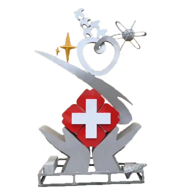 カスタムメタルステンレス鋼抽象幾何学的彫刻アート現代金属病院赤十字ステンレス鋼彫刻