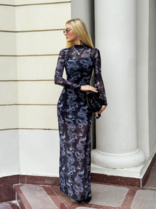 Hot Bán Phụ Nữ Của Cổ Điển Trung Quốc Rồng In Sheer Lưới Váy Dài Tay Áo Bodycon Maxi Dress Đối Với Đảng & Giản Dị - Product Image 1