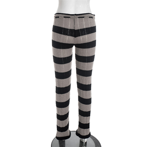Crochet Woolen Pants Woman Stripe Patchwork <strong>Shirring</strong> Low <strong>Waist</strong> Skinny Stretch Casual <strong>Trousers</strong> - Product Image 5