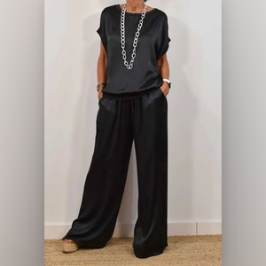 Ensemble décontracté 2 pièces pour femmes, chemise ample à manches courtes et col rond, pantalon large, tendance - Product Image 3