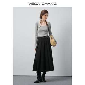 Vega Chang Groothandel Van Hoge Kwaliteit Lente Zwarte Geplooide <span class=keywords><strong>Midi</strong></span> Rok Met Riem Taille En Chique Silhouet - Product Image 3
