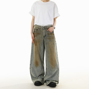 Jeans de mezclilla ODM OEM de verano, estilo americano <span class=keywords><strong>vintage</strong></span>, desgastados, lavados con efecto sucio, de pierna recta y holgados para hombre y mujer. - Product Image 2