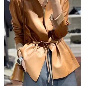 Damen 2026 Frühling Herbst Lammleder-<span class=keywords><strong>Cardigan</strong></span>, Kragenloser Kurzmantel mit Kordelzug an der Taille, Locker Sitzende Jacke - Product Image 1