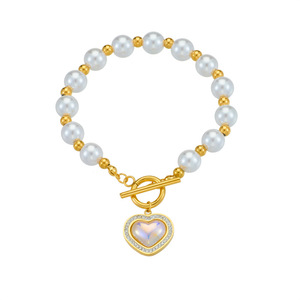 European American Style Pearl Bracelet With Heart Pendant Gold T Bar Clasp Women's Jewelry Gift - Product Image 5