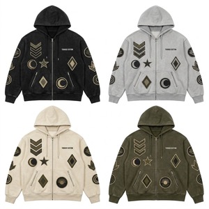 Sudadera con capucha negra desgastada personalizada para hombre, con cremallera completa, bordado de parche de estrella y luna celestiales, chaqueta con capucha, ropa urbana de marca personalizada - Product Image 2