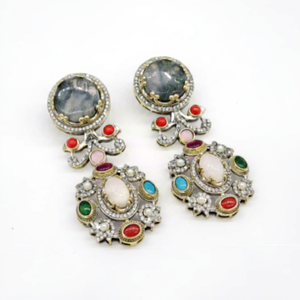 Pendientes Colgantes 07719 con Circonita Cúbica, Pendientes de Piedra Doble, Placa Mehandi, Piedra Ovalada, Joyería Floral de Latón para Fiesta, para Mujer - Product Image 1