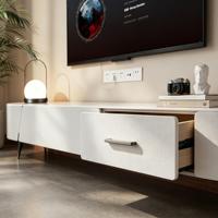 Meuble TV d'angle incurvé de luxe léger, meuble TV moderne en dalle de roche blanche, pieds en métal, console de rangement minimaliste pour salon