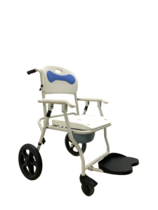 Silla de Ducha Multifuncional con Ruedas y Marco de Acero Blanco, Respaldo Acolchado Azul y Reposapiés Abatible - Product Image 2