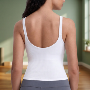 Débardeur côtelé à col rond pour femme, blanc uni, respirant, en Spandex et Polyester, pour le yoga et le fitness - Product Image 3