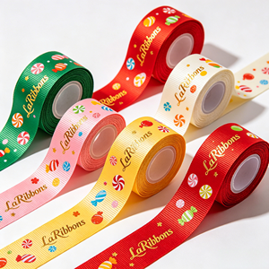 Ruban gros-grain en polyester imprimé bonbons colorés avec logo personnalisé pour emballage de boîtes de friandises pour enfants, vente en gros en rouleau - Product Image 2