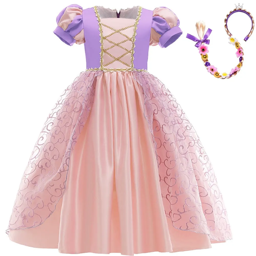 Vestido de princesa Rapunzel para meninas, tecido de malha de algodão roxo, manga bufante, desenho casual para festas, decoração com laço, temporada de verão