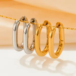 Minimalist Oval Metal Geometric Hollow Rectangle Earrings 18k Gold Plated 316 Stainless Steel Waterproof Hoop Earrings Jewelry