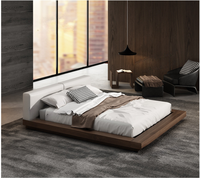 Cama Baja Japonesa Tatami, Estilo Nórdico Minimalista, Plataforma de Suelo, Madera de Nogal Negro, Respaldo Suave, Cama Doble