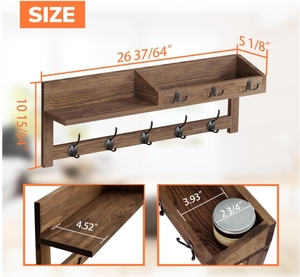 Aangepaste Houten Wandhaken Met Plank-Muur-Gemonteerde Kapstok Met 5 Dubbele Haken, <span class=keywords><strong>3</strong></span> Sleutelhaken, Mail Organizer & Sleutelhouder - Product Image 3