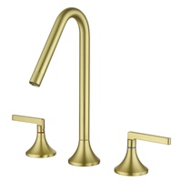 Robinet de salle de bain haut à col de cygne, finition or brossé, 3 trous, levier fin, avec indicateur chaud/froid pour lavabo
