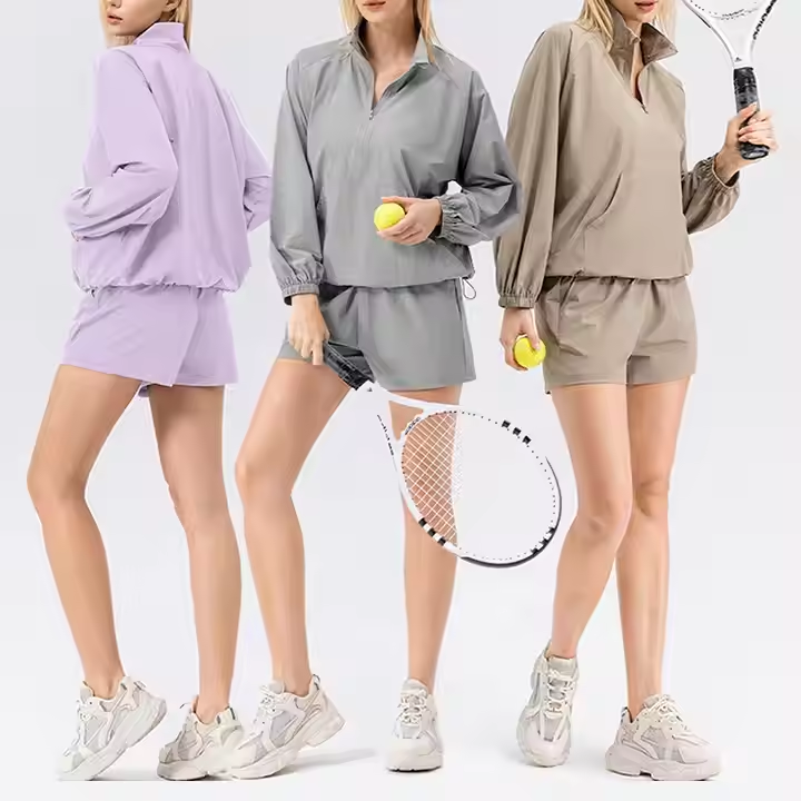2 Pcs Quick Dry Sports Loose Half Zipper Long Sleeve Sweatshirt Sun Protect Running Shorts Fitness Clothes Yoga Set Women