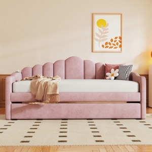 High Quality Twin Size Upholstered Daybed with Trundle ,Velvet Sofabed with USB Charging Ports,No Box-spring Needed,Pink - Product Image 2