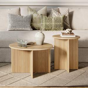 رف غرفة معيشة مخصص من المصنع ، رف خشبي بديكور منزلي عصري ، رف قهوة خشبي مبطن مستدير ، رف قهوة متداخل مخدد - Product Image 1