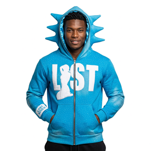 Men's Oversized Pink Hooded Sweatshirt With <b>Star</b> Spikes Zip-Up Streetwear <b>Design</b> Front Letter Print Regular Fit Autumn Wear - Product Image 3