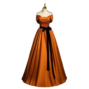 Orange Satin Off Shoulder Tutu Dress Long Skirt Stage Performance Women Adult Evening Gown Solid Color With Label - Product Image 5