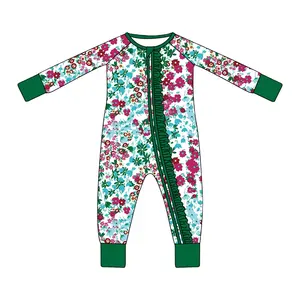 Unisex Ruffle Bamboo Footed Pajamas Casual Knitted Romper With Zipper Closure Wholesale Smocked Sleeper For Spring ODM Supply