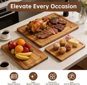 Ensemble de 3 planches à découper en bambou pour la cuisine, planches à découper en bois épais avec rainure profonde pour <span class=keywords><strong>le</strong></span> jus, pour la viande, les <span class=keywords><strong>l</strong></span>égumes, la préparation du barbecue - Product Image 6