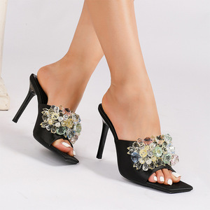 Nuevas Sandalias de Verano con Punta Cuadrada y Tira de Pedrería para Mujer, Tacón de Aguja, Punta Abierta, Tipo Mule, para Exteriores - Product Image 2